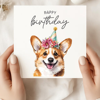 Dog Birthday card, Happy Birthday, Floral Dog card, personalised birthday card, Birthday card, corgi birthday card