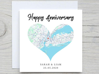 Custom Anniversary Card, Personalised Location Map anniversary card, First Kiss Anniversary, add dates and location, Heart Location Map